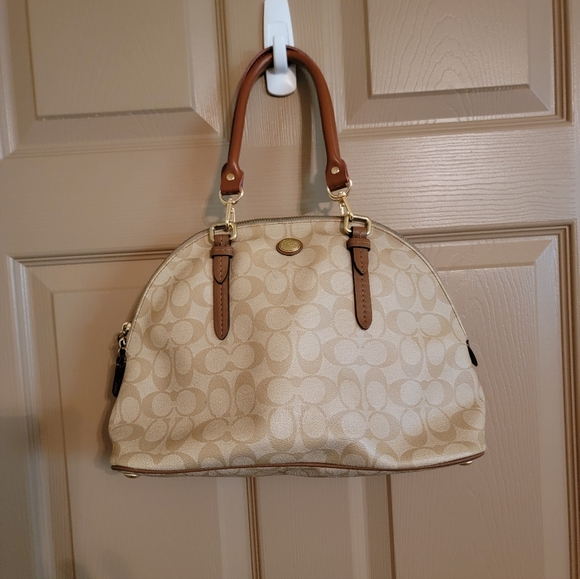 Coach Handbags - Coach Beige and Brown Signature Satchel Bag.